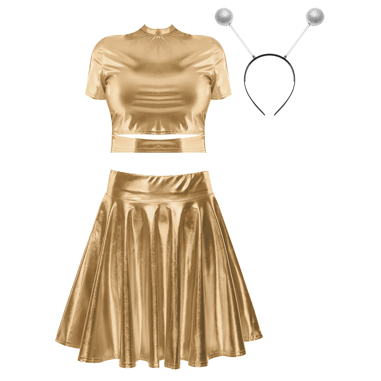 thumbnail image 1 of Disfraz de astronauta espacial para mujer, camiseta sin mangas corta metálica brillante con falda, aro de pelo de extraterrestre, ropa de fiesta temática para discoteca, 1 of 5