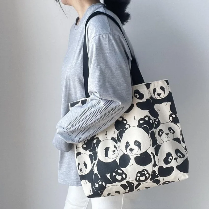 Canvas Bag Women's Shoulder Chinese Style High Capacity Zipper Canvas Bag Portable Shopping Bag Double Cute Panda Sided Printing Canvas Bag Women's Shoulder Chinese Style High Capacity Zipper Canvas Bag Portable Shopping Bag Double Cute Panda Sided Printing