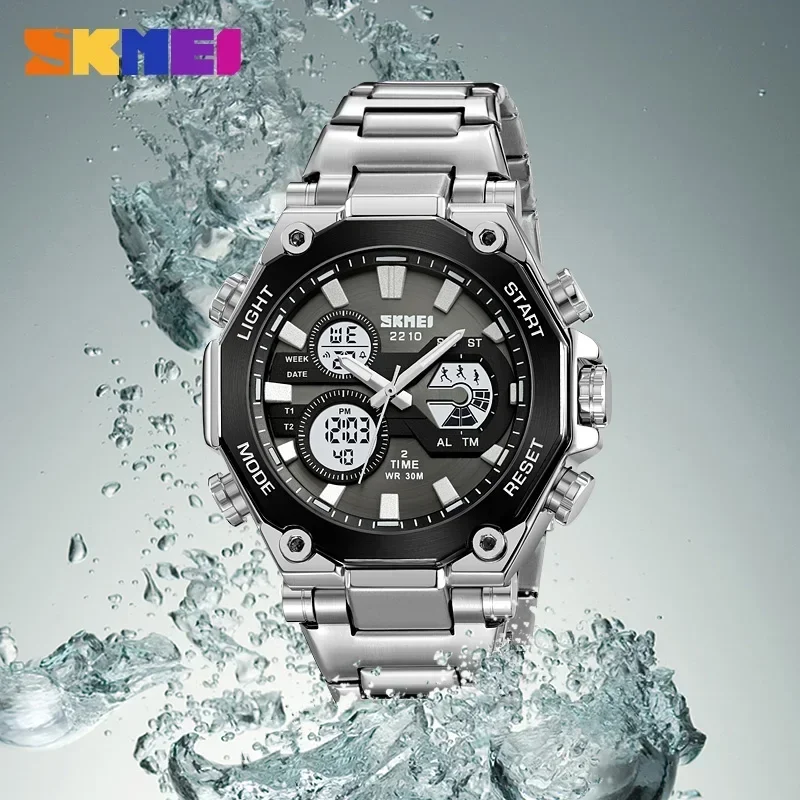 SKMEI 2210 Luxury LED Dual Display Stainless Steel Watch for Men Waterproof Sports Digital Quartz Mens Wristwatches Reloj Hombre 3
