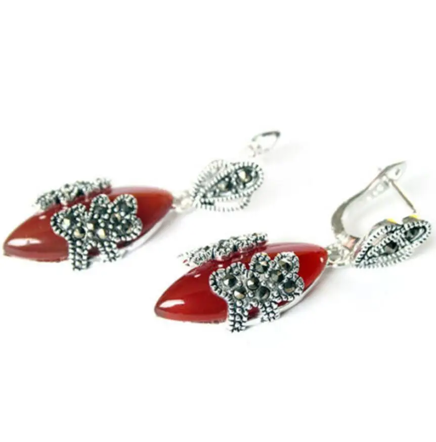 

VINTAGE NATURAL RED MARCASITE 925 STERLING SILVER DANGLE EARRINGS