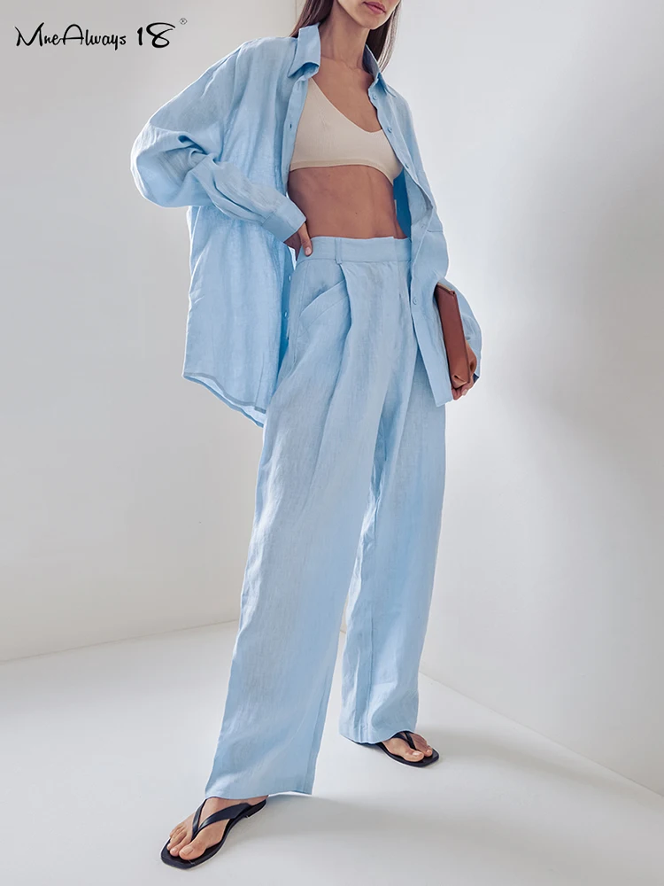 

Mnealways18 Blue Casual Cotton Linen Pants Sets Office Ladies Pleated Two Pieces Suits Summer Autumn 2024 Oversize Outfits Women