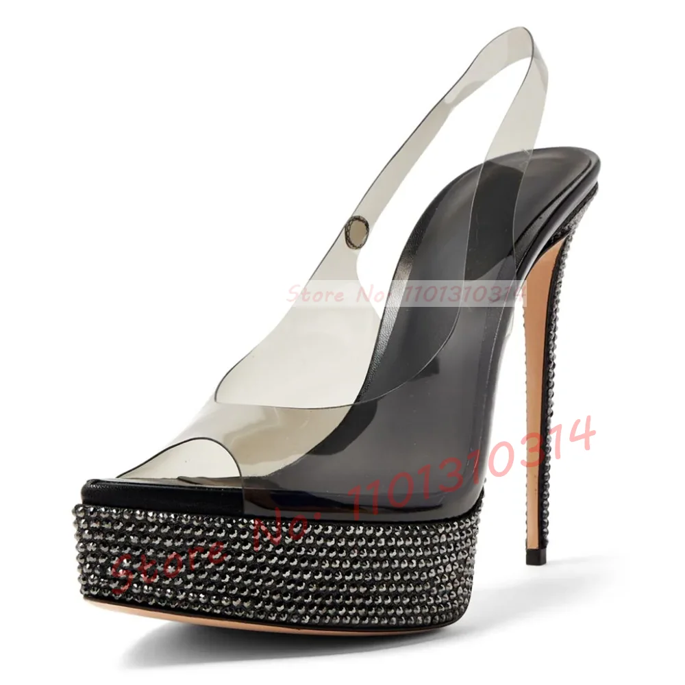Black Clear Pointed Toe Platform Sandals Women Crystal See-through High Thin Heels Slingbacks Female Summer Elegant Sandals