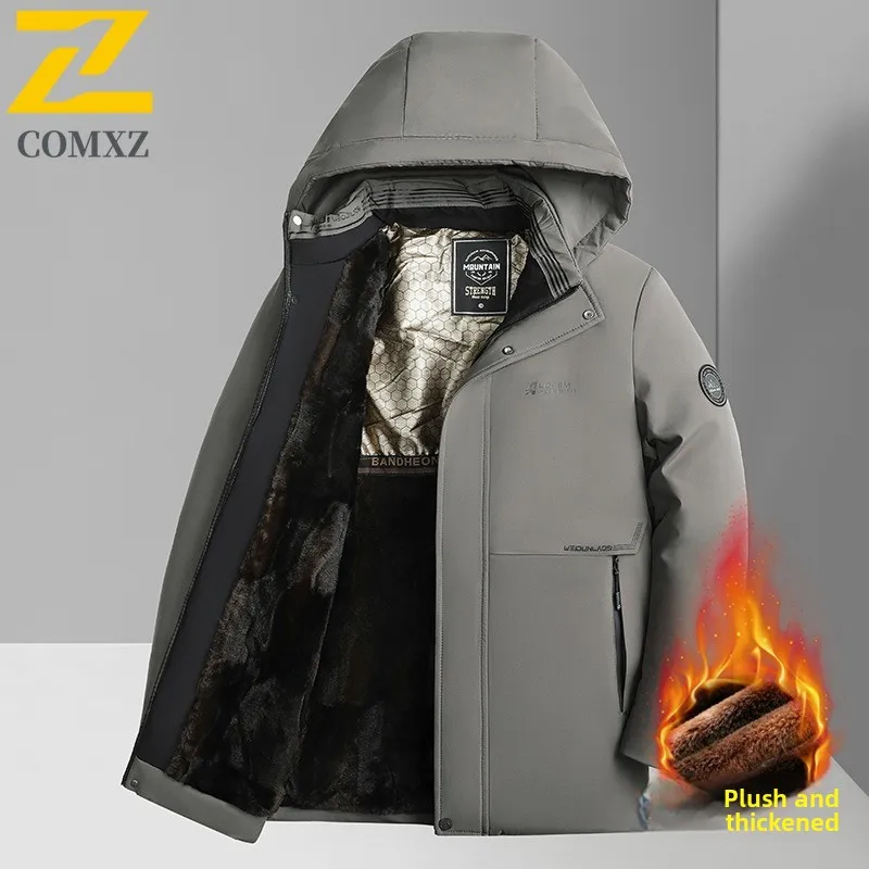 Men Detachable Hood windbreaker Fleece Lined Thickened Long Jacket Winter Thermal Windproof windproof Cold Weather Streetwear