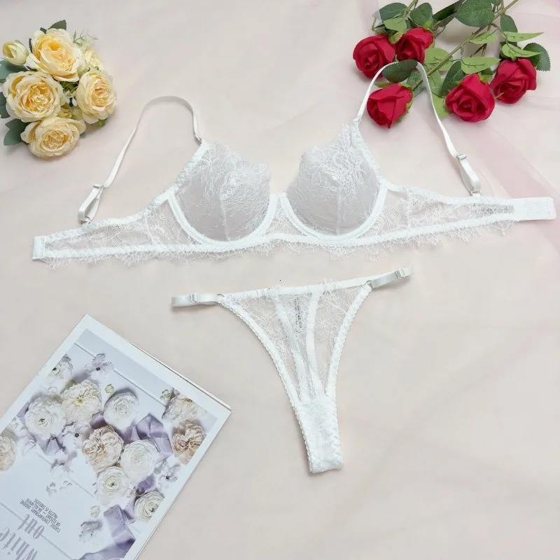 2025 Sexy Sheer Lace Eyelash Unline One Layer Lace Lingerie Female Lingerie Bra and Panties Set Basic Women Underwear Intimate