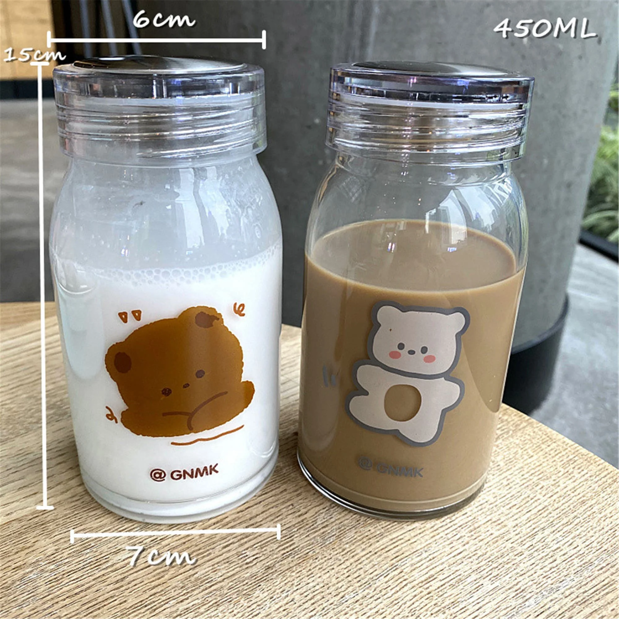Charming Cartoon Bear Glass Water Bottle with Lid - 500ML Travel-Ready Aesthetic Design