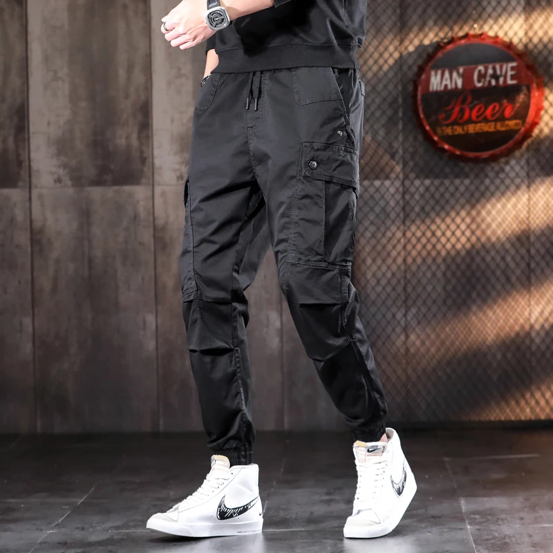 Summer Tactical Cargo Pants Men Casual Baggy Black Cotton Elastic Waist Drawstring Trousers
