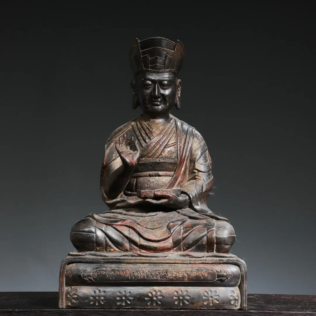 

13"Tibet Temple Collection Old Bronze Cinnabar Mud gold Guru Master Buddha Buddhist teacher Worship Hall Town house Exorcism