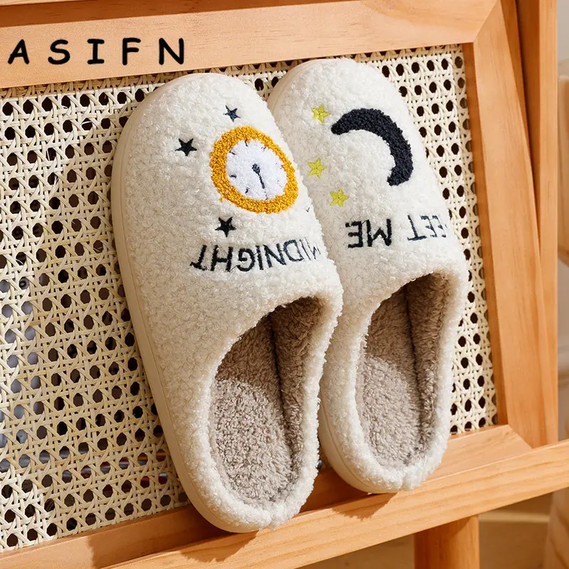 Fashion Style Winter Women Slippers Indoor Moon Clock Embroider