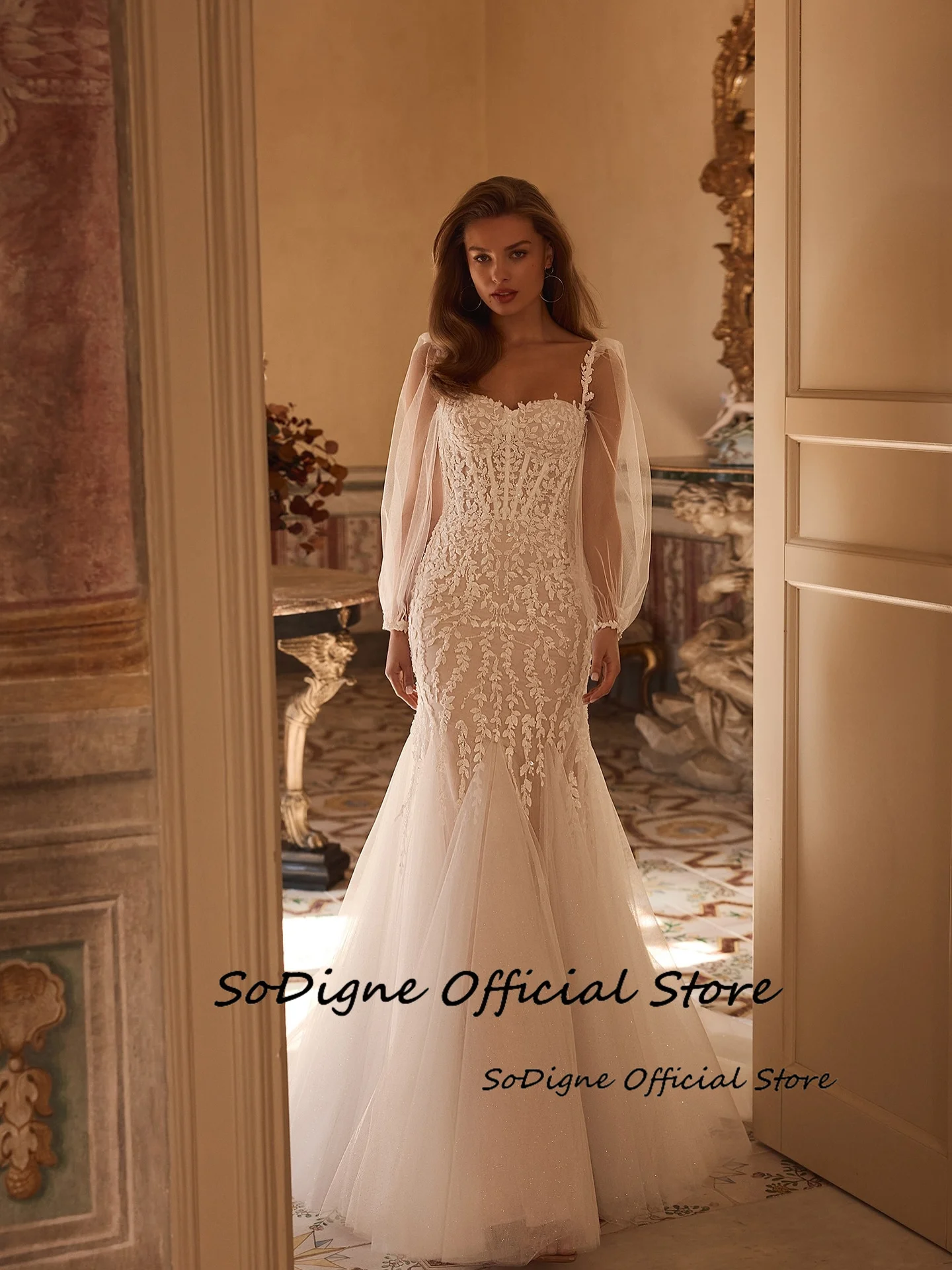 SoDigne Mermaid Tulle Appliques Bride Dresses Sweetheart Full Sleeves Wedding Dress Bridal Gowns vestidos de novia Customized 12 S213268c93f054645b6b097a06be04b315