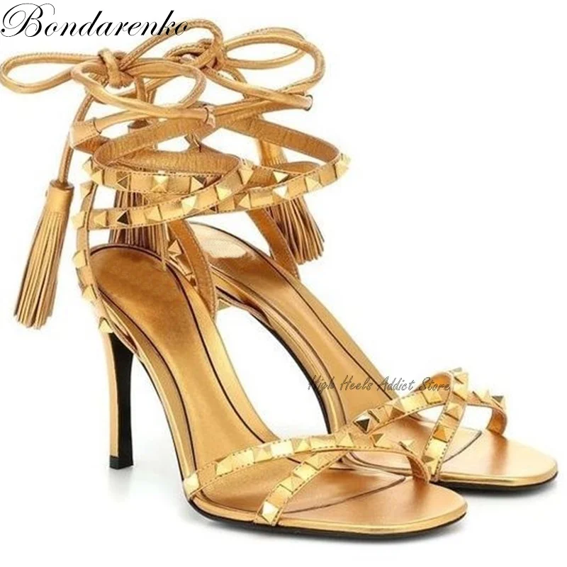 

Gold Rockstud Lace up Sandals Women Stilettos Leather Pumps High Heels Summer New Luxury Designer Party Elegant Shoes