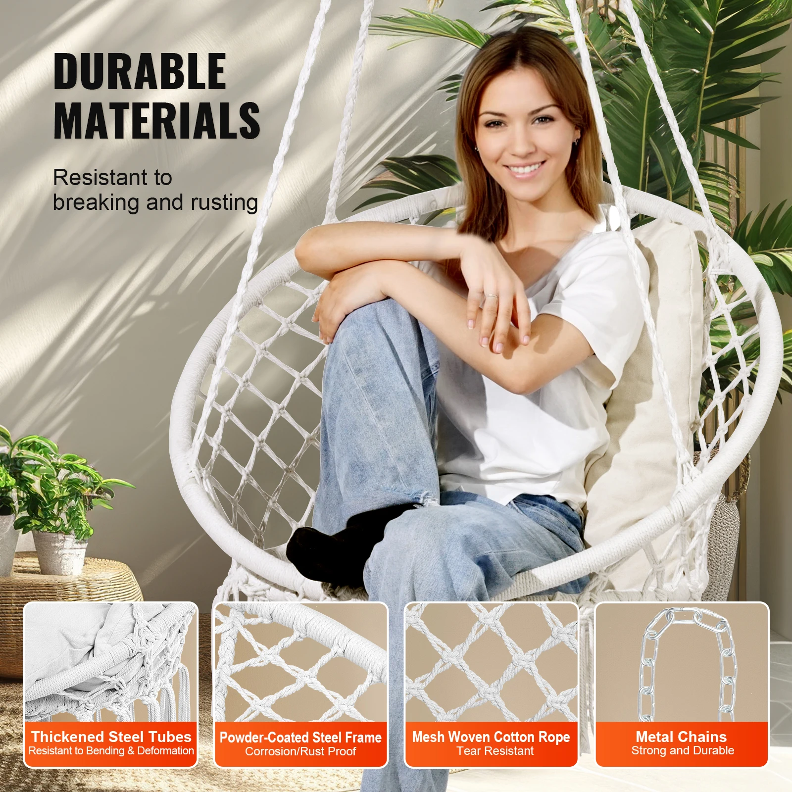 Hanging Hammock Swing Chair 330lbs Macram&eacute; Hanging Chair Cotton Rope Swing for Bedroom Balcony Patio Garden White