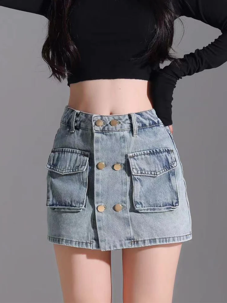 

LY VAREY LIN New Summer Double Breasted Denim Skirts Shorts Women Fashion Slim High Waist A-line Solid Color Short Skirt