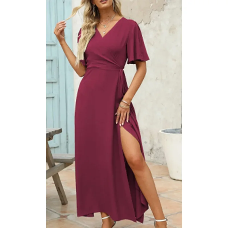 

Women's French Solid Satin Dress, Elegant V-neck, Short Sleeve Bodycon, Ladies Fashion, Evening Party Dresses, Split Waist Dress
