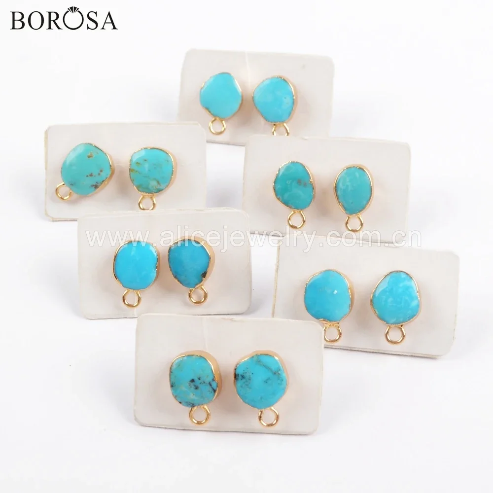 BOROSA Natural Turquoises Golden Plated Stud Earring Fashion Blue Howlites DIY Earrings Jewelry Finding for Women Gifts 2