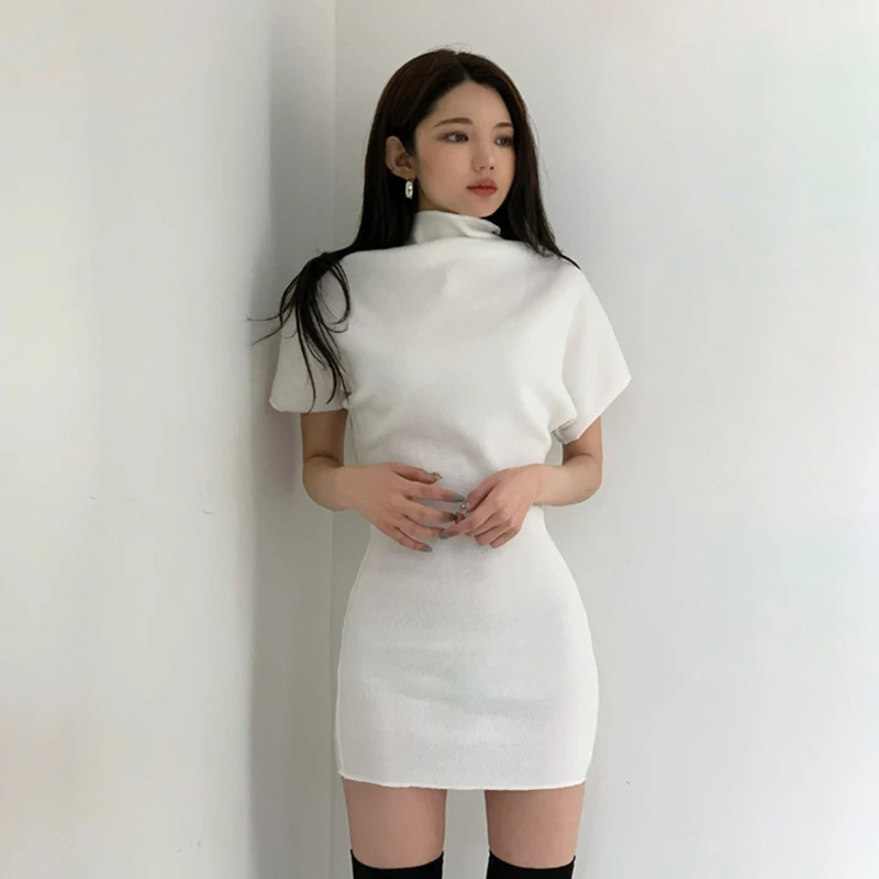 

Slim High Neck Solid Medium Length Versatile Wrap Hip Dress for Women