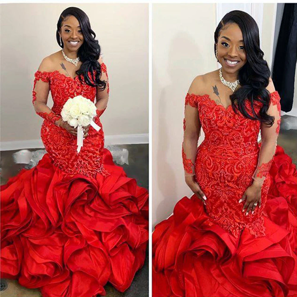 

Красное Кружевное Вечернее Платье-Русалка Aso Ebi с открытыми плечами и длинными рукавами, многоярусные вечерние платья со шлейфом для вечеринки и выпускного вечера