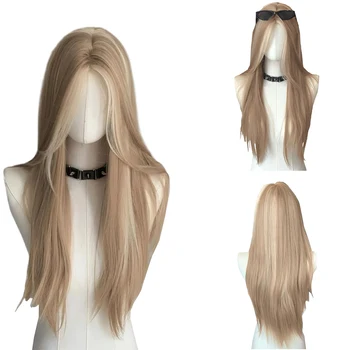 Una parrucca anteriore in pizzo con capelli sintetici lisci da 24 pollici color marrone dorato è adatta per le feste quotidiane delle donne e cosplay di Halloween