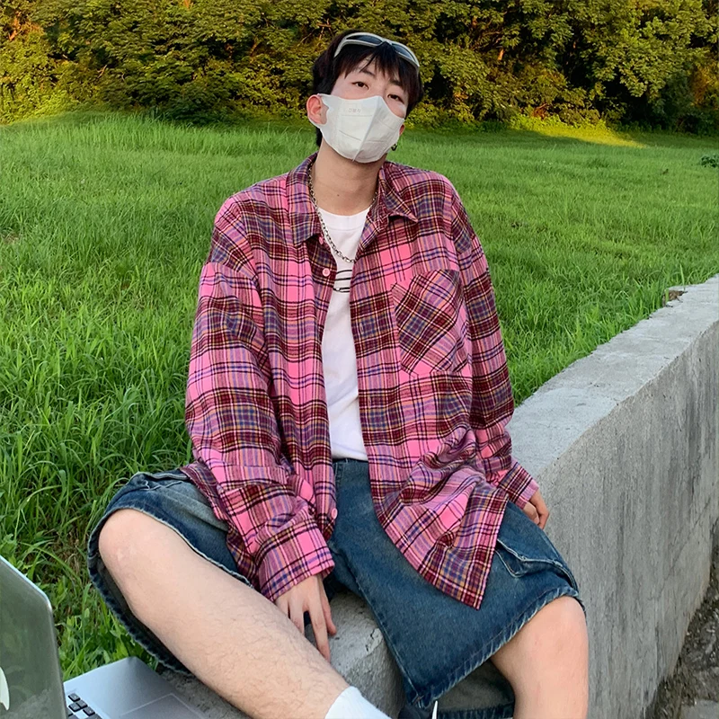 

Autumn New Long Sleeved Shirt Men Baggy Fashion Plaid Design Blouses Korean Style Streetwear Male Loose Oversized Casual Shirts