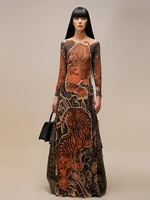 Weird Puss See Through T-Shirts Women Tiger Print Long Sleeve High Neck High Slits High Elastic Skinny Trend Street Hipster Tops