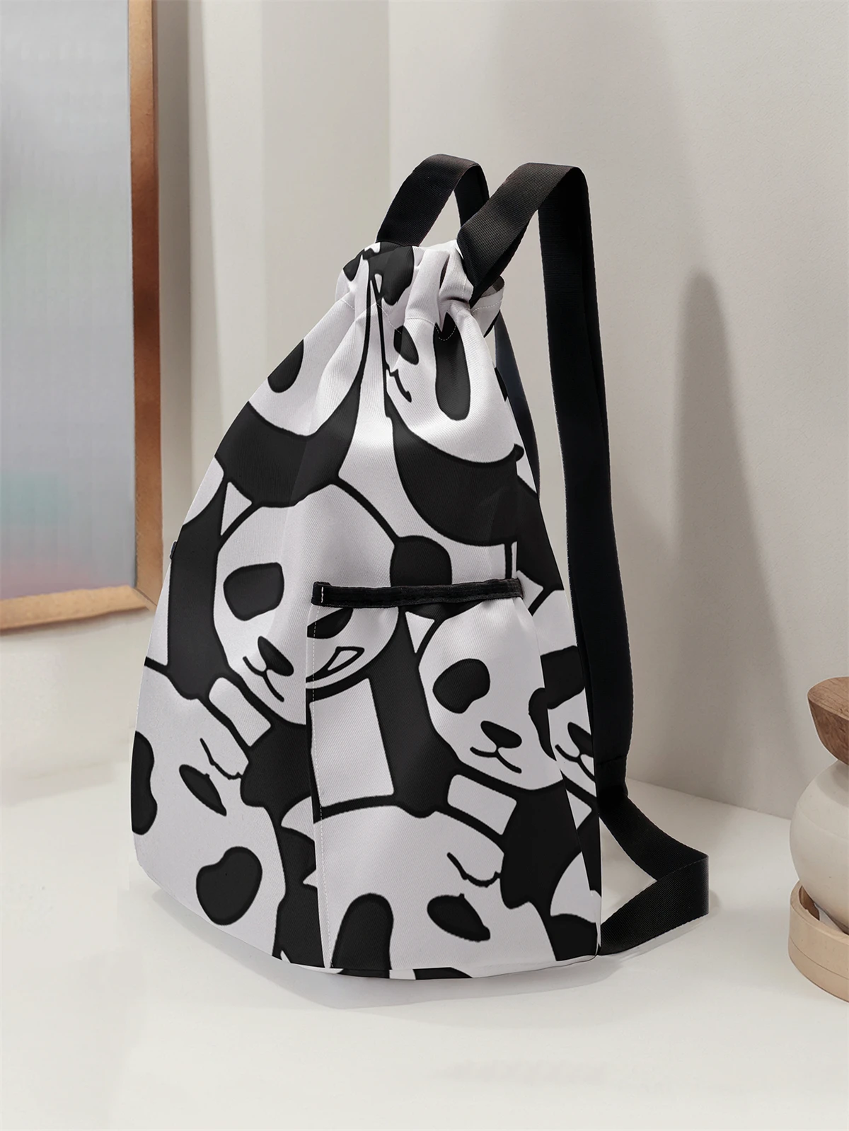 Panda Pattern Drawstring Backpack - Large Capacity Durable Fitness Bag, Adjustable Shoulder Strap, Sports Beach Backpack