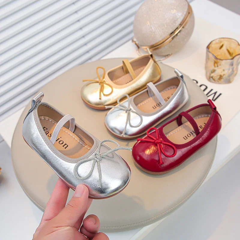 Leather Kids Ballet Shoes Wine Red Classic Bowknot