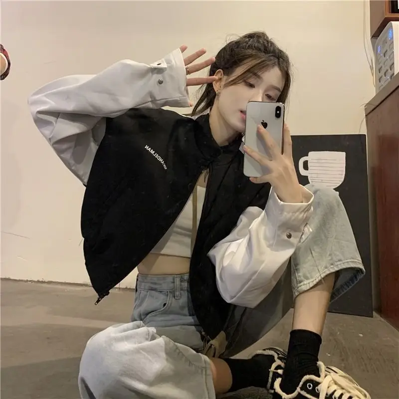 HOUZHOU Cropped Bomber Jacket Women Korean Fashion Oversize Kpop Casual Baseball Jackets College Zipper Streetwear Short Coats