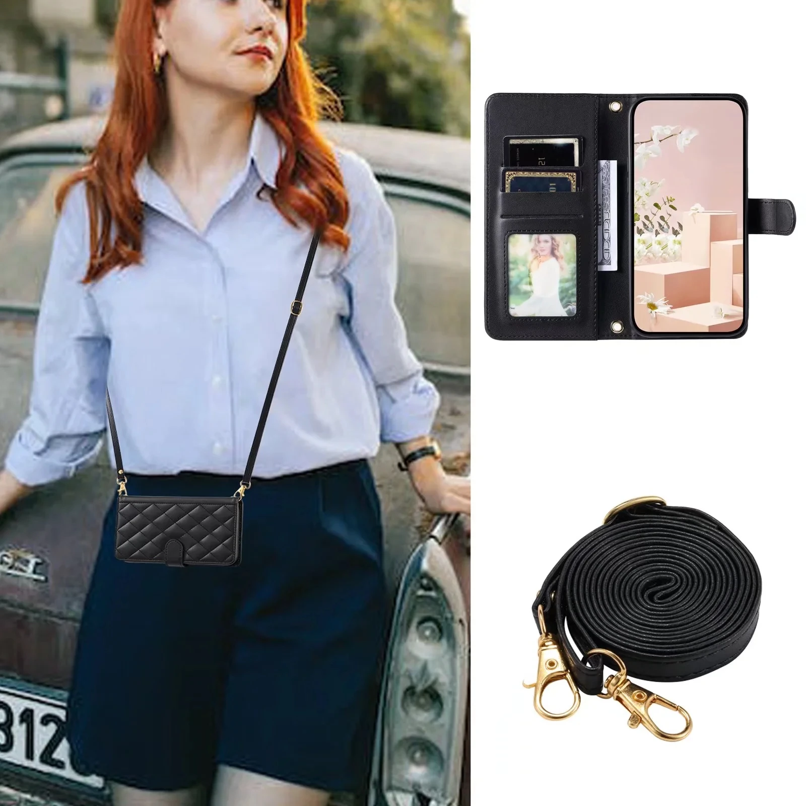 Premium Long Lanyard Flip Leather Wallet Phone Case with Card Holder and Cover