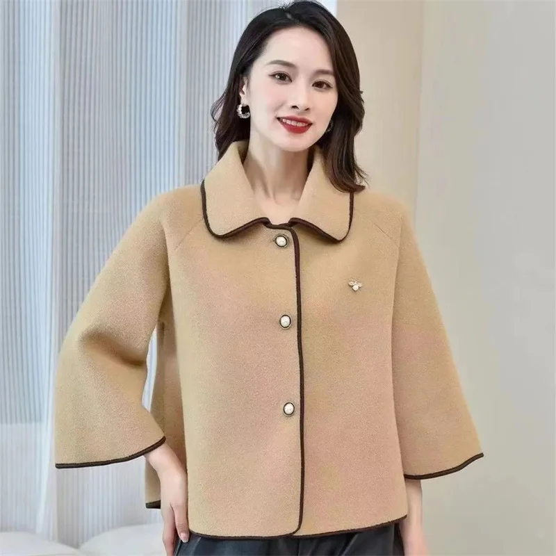 Mom's Fashionable Double-sided Woolen Short Coat 2023 Spring and Autumn New Middle and Old Age High Grade Wide Woolen Coat