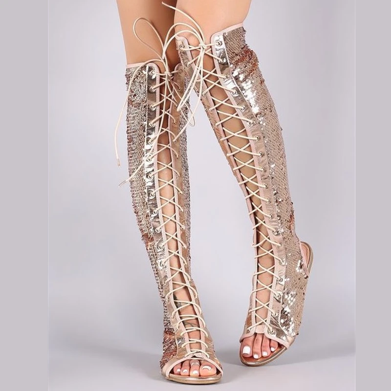 SandalsforWomenSandalsStrappyOpenToeKneeHighSummerFlatSandalsRomanBandageBoots