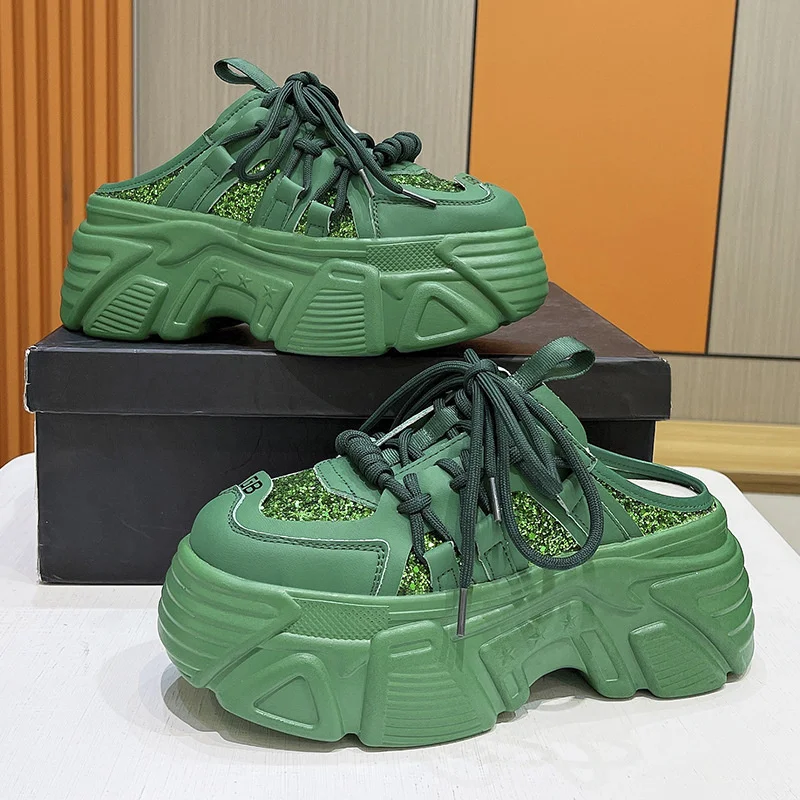 

High Platform Slippers Women 7CM Wedges Bling Shoes Woman Sequine Cloth Casual Chunky Sneakers Summer Breathable Mesh Slippers
