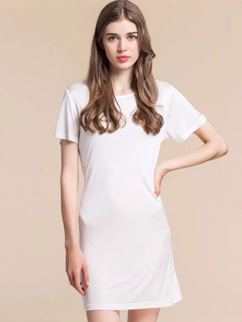 Women Full Slips Knitted natural silk short sleeve slip Solid Anti emptied dress Comfortable women full slip dress