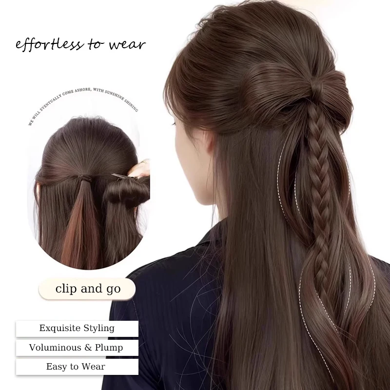 Synthetic Hair Ponytail Wig Hairpiece Bow-shaped Ponytail with Hair Clips Half-up Ponytail with Wavy Hair for Women Daily Use