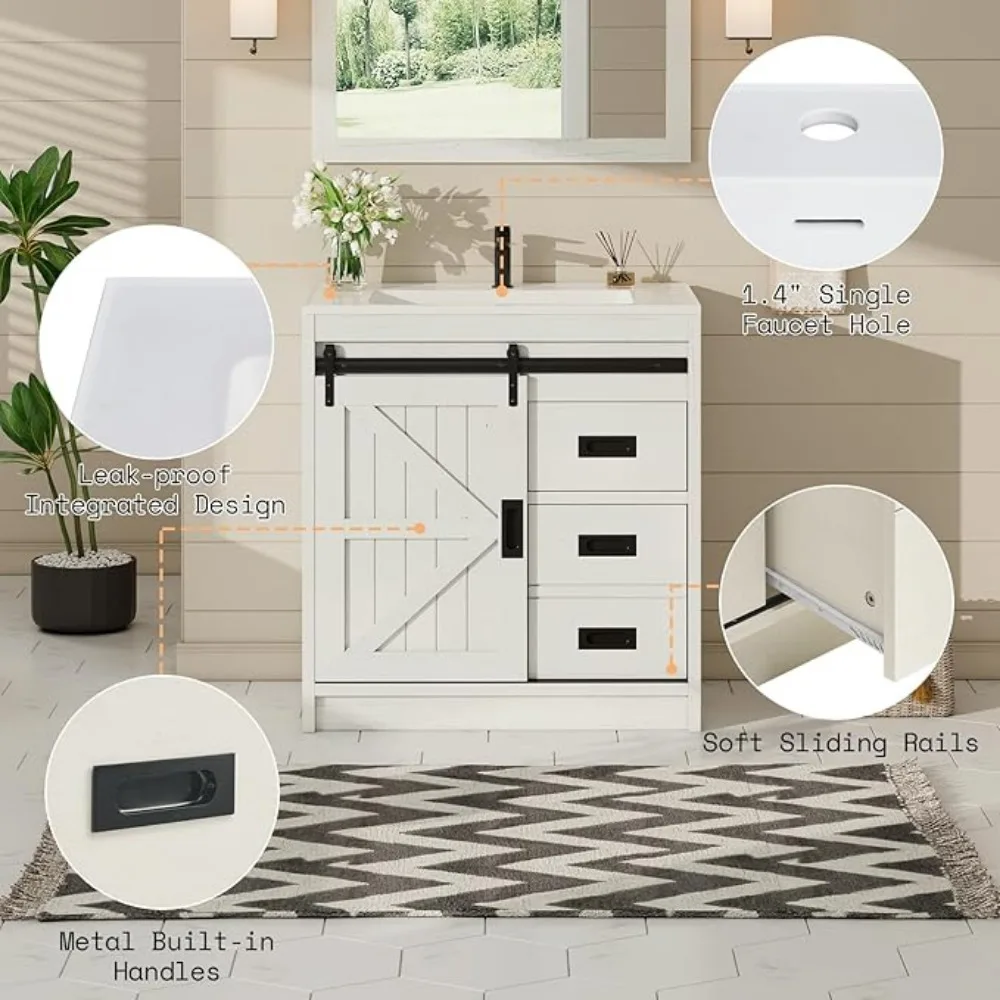 Farmhouse Bathroom Vanity with Sink Combo,Sliding Barn Door Bathroom Vanity Cabinet Set with Storage Drawers, Metal Handles 6