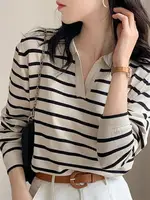 Loose Knitted Long Sve V-Ne Striped Base irt Women's  T-irt Spring Autumn New Sle Commute Versatile Outerwear Top