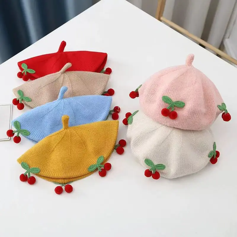 New Fashion Spring and Autumn Girl Children British Painter Hat Baby Wool Fashion Kawaii Cherry Women Beret Caps women hat,woolen hat,children beret