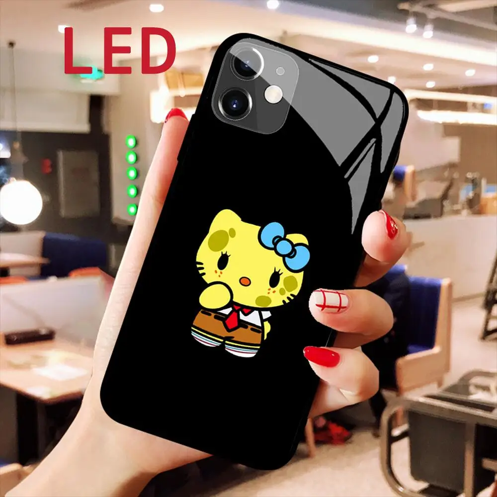 iphone 12 case HelloKitty Animation Glass phone Case For IPhone 13 12 11 Pro Max XS  Max 8Plus 7plus LED Luminous Call Light Flash cover iphone 12 wallet case