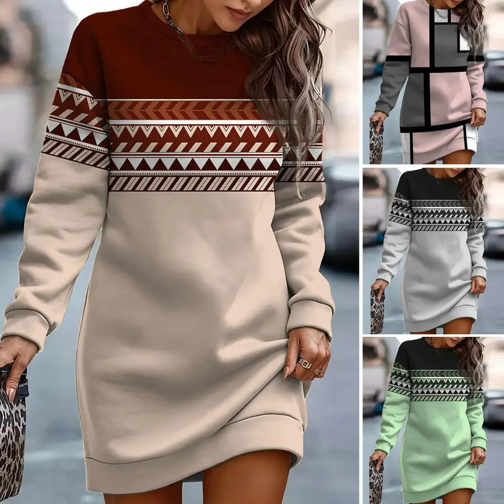 

Women's Dress Fashion Geometric Print Retro Mini Dress for Female Color Block Pullover with Long Sleeves Mini Sweatshirts Dress