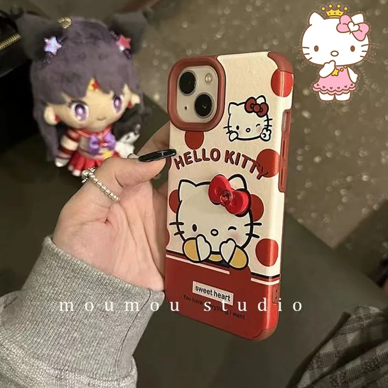 

Kawaii Bowknot Hello Kitty IPhone13 14 15 Pro Max Cute Cartoon KT Cat Inclusive Soft Silicone Phone Case Toys for Girl Gifts