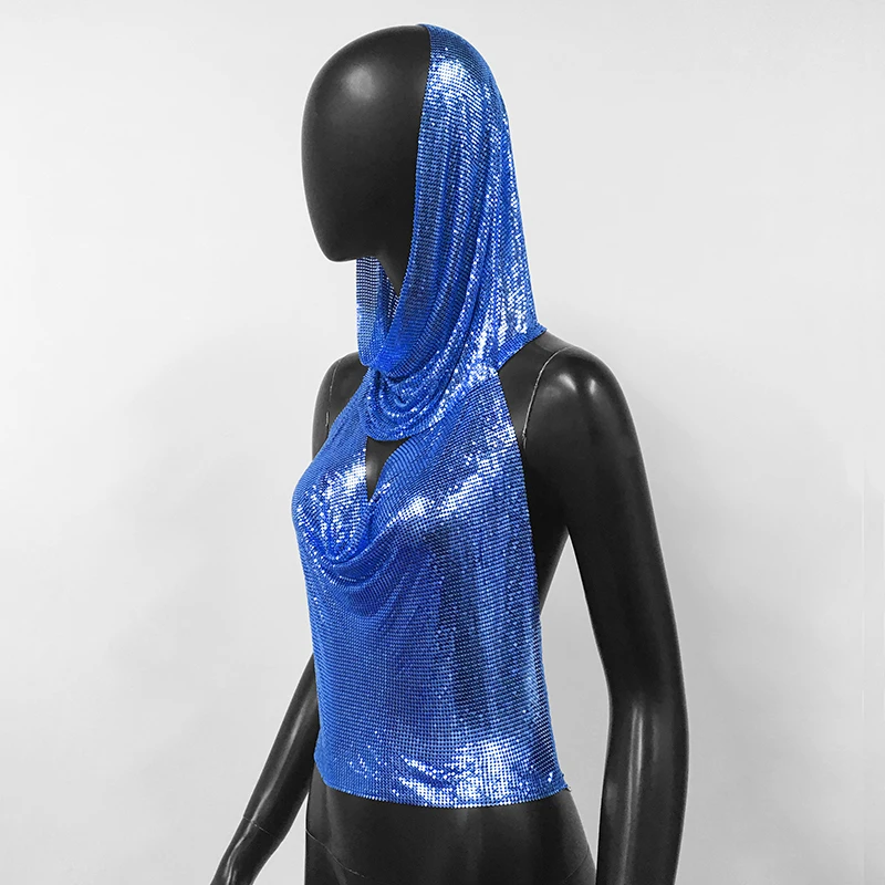 AKYZO Women's Metal Suspender Top Backless Halter Neck Sequins Tank Top Turban Nightclub Sexy Summer 2 Pcs Set 
