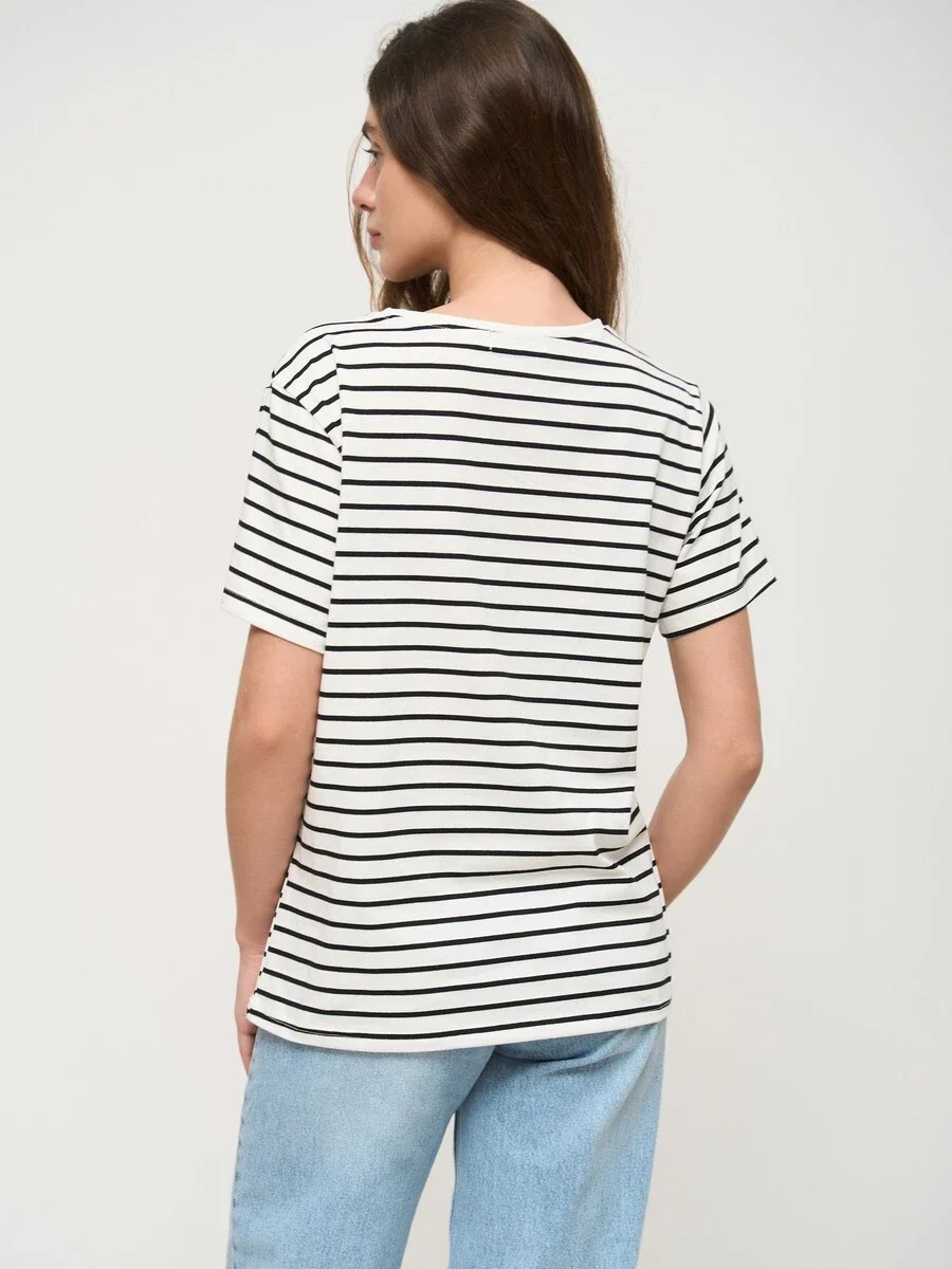 Bornladies Summer Short Sleeve Striped T-Shirts Women Knitted Basic Casual Tops Female Cozy Loose Cotton Tees