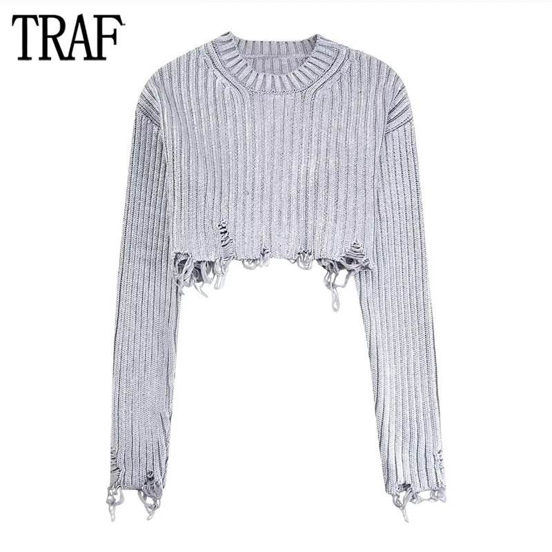 

TRAF Silver Foil Knitted Sweater Woman Ripped Pullover Short Sweaters for Women Long Sleeve Cropped Sweater Women New Jerseys