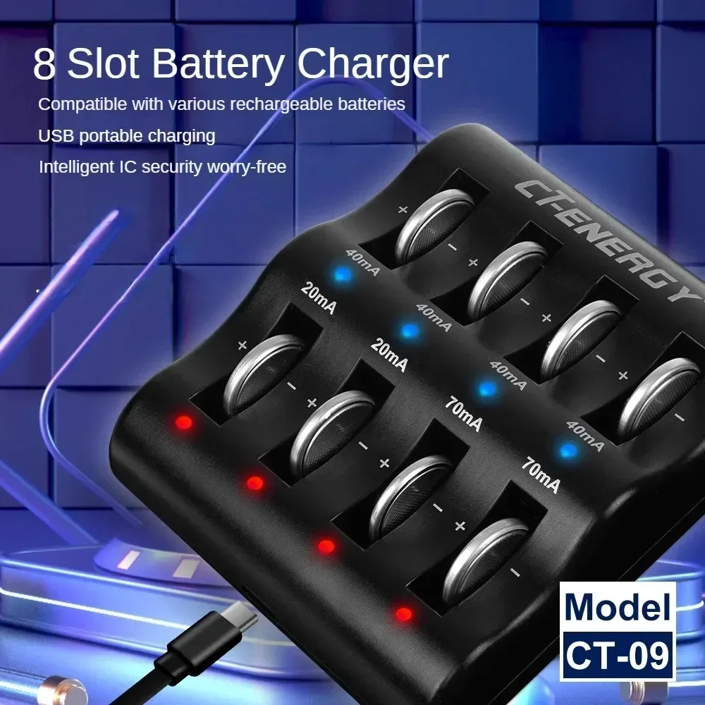 Chargeur intelligent 8 slots pour piles bouton Li-ion avec boîte d'emballage