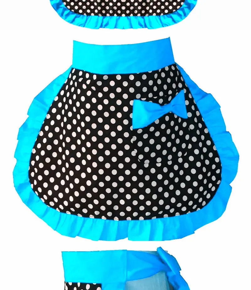 Damen-Taillenschürze mit Tasche, gepunktet, mit Rüschen an der Seite, Baumwolle, halbe Schürze, Schleife, zum Kochen, Reinigen, Arbeitsschürzen, niedliche Schnürschürze – Detail 9