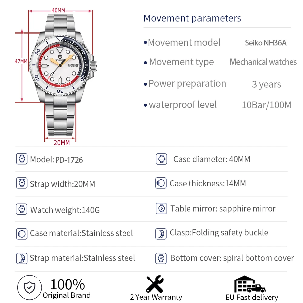 Mechanical Watch PAGANI DESIGN Men Mechanical Wristwatches Luxury Automatic Week Date NH36 100M Waterproof Reloj Hombre PD1726