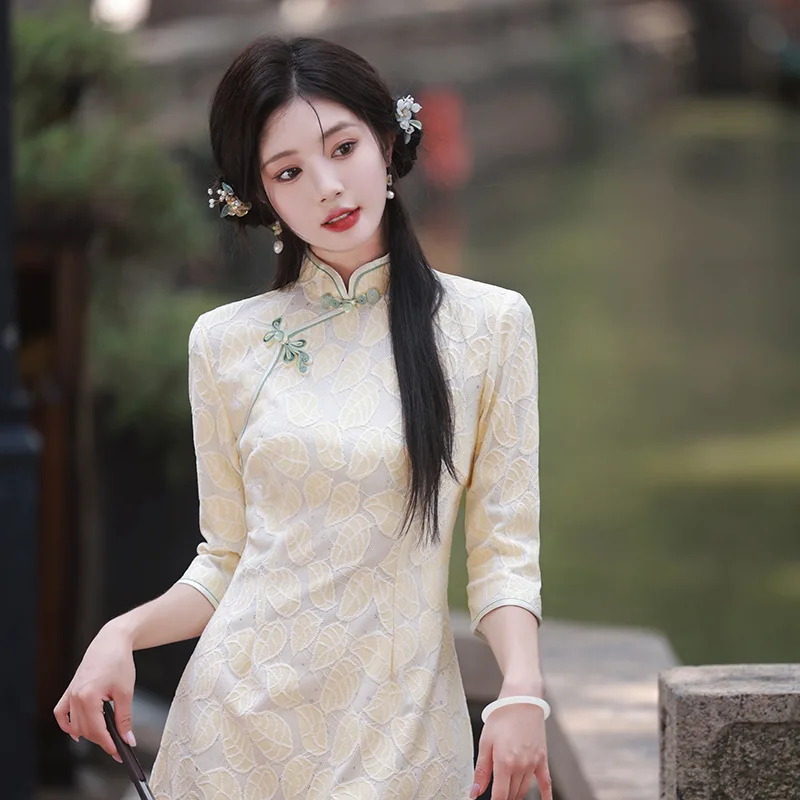 

Yourqipao 2023 Autumn Lace Improved Cheongsam Long Retro Fashion Banquet Qipao Chinese Style Evening Dress Hanfu for Women Party