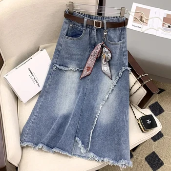 High waisted Denim Skirt 5XL Women 2026 New Slim Vintage Tassel Jeans A-line Skirts Casual Women's Long Skirt Street Clothing