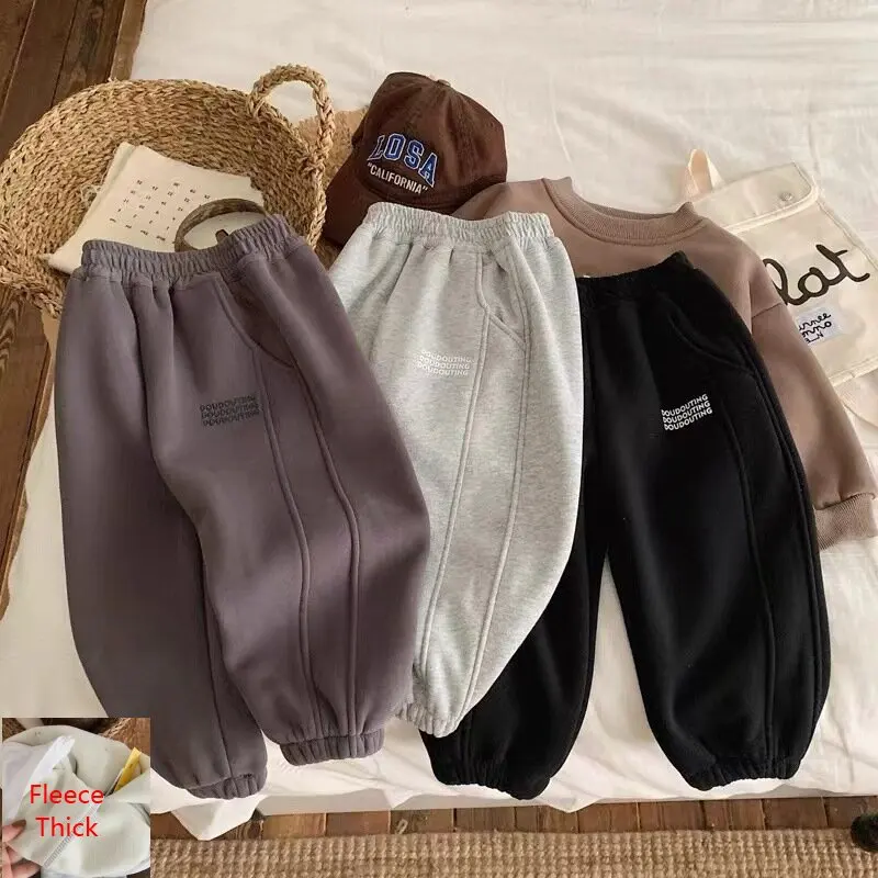 5133 Children Plus Velvet Pants Autumn Winter Thick Trouser Solid Color Boys Casual Pants Sport School Baby