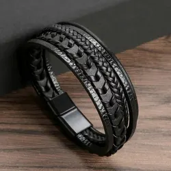 Men's Multi-Layered Vintage Leather Braided Bracelet with Magnetic Alloy Buckle - 56-58mm (Black)