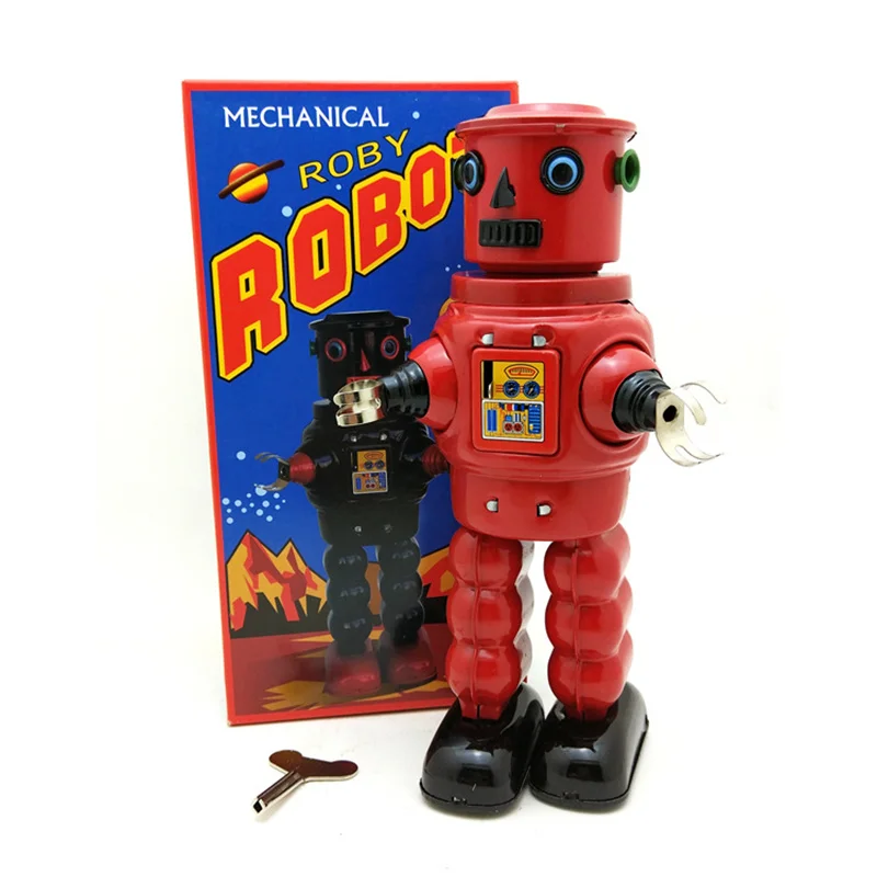 Retro Clockwork Wind Up Toy 23.5x11.5x8CM Vintage Roby Robot Mechanical Tin Toys for Home Bar Decor Classic Collection Gifts