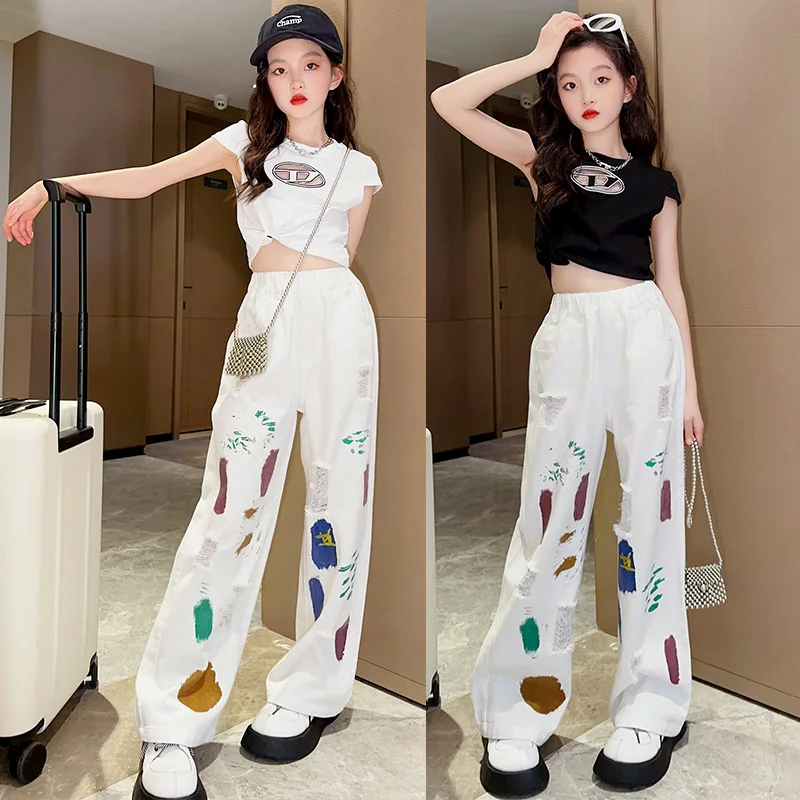 

Girls Hip Hop Crop Tshirt+Hole Wide Leg Pants Clothes Sets Children Street Dance Design Teens Streetwear Jazz Stage Costumes